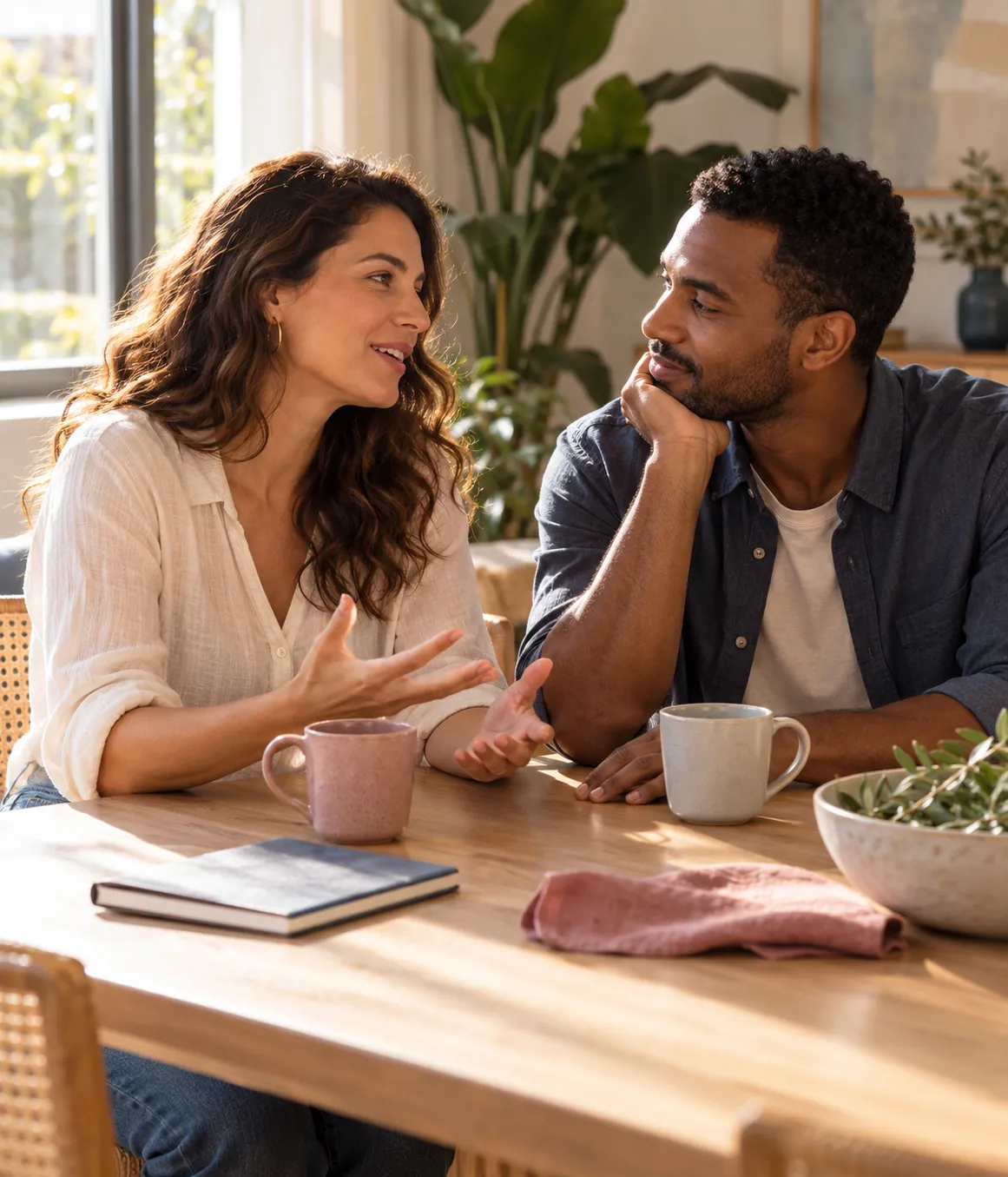 Casal conversa à mesa, com canecas e um caderno, em uma sala iluminada pelo sol.